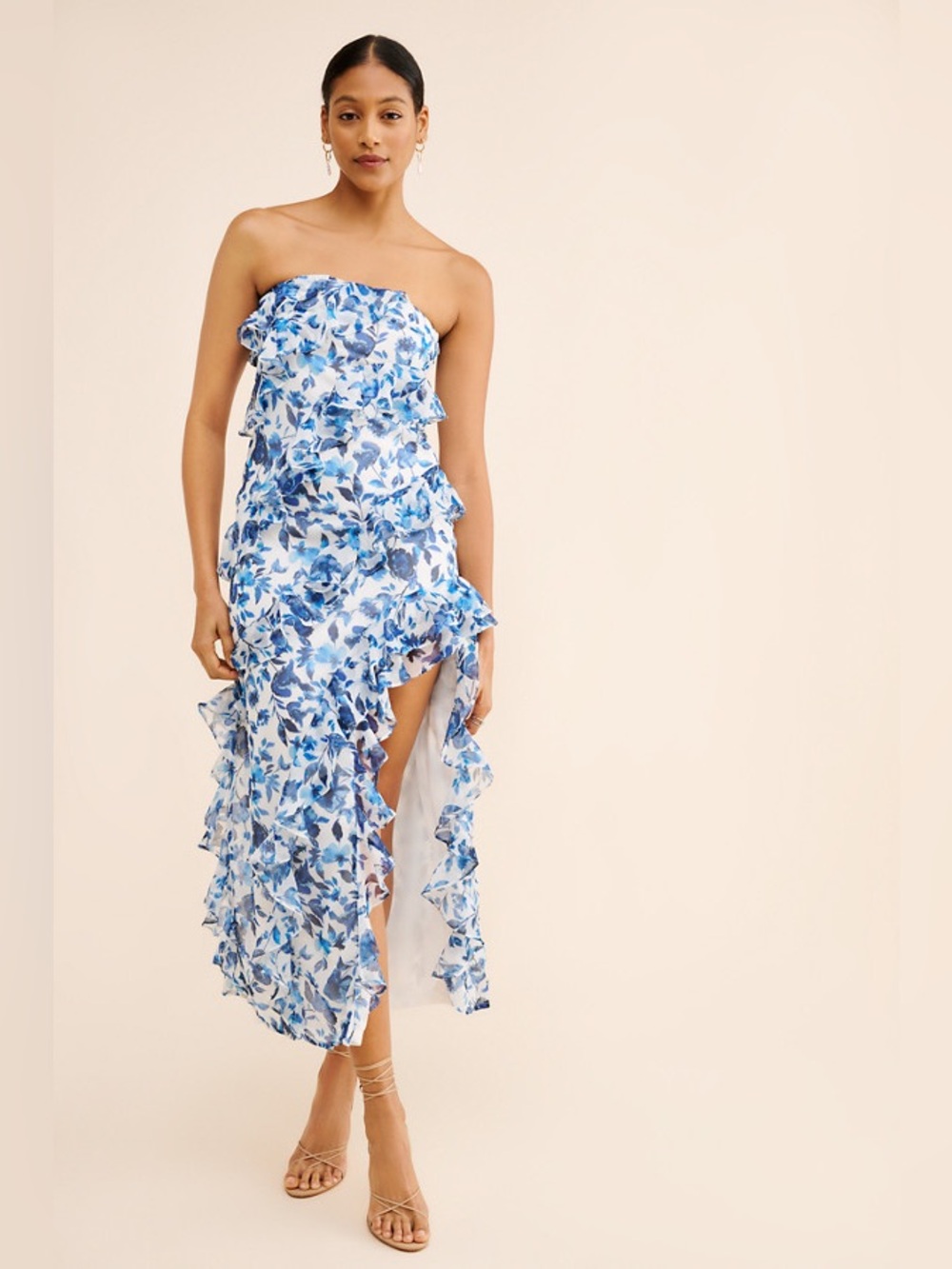 BHLDN Jia Bias-Cut Ruffled Printed V-Neck Gown